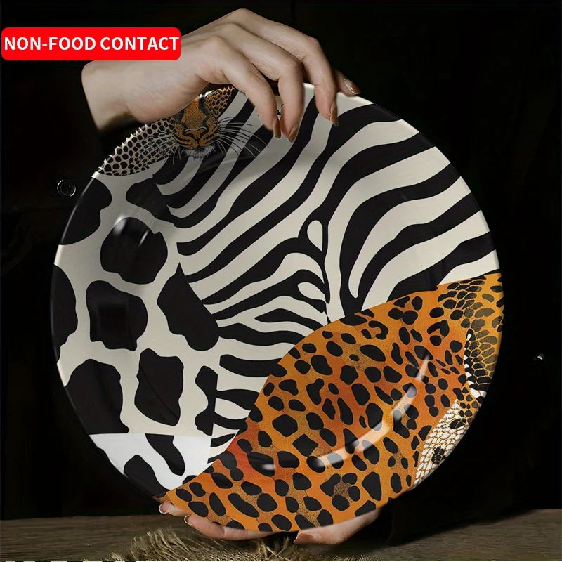 1pc Non-Food Contact Animal Print Ceramic Decorative Plate - Zebra & Leopard Artistic Design, Round Tabletop Display for Home,