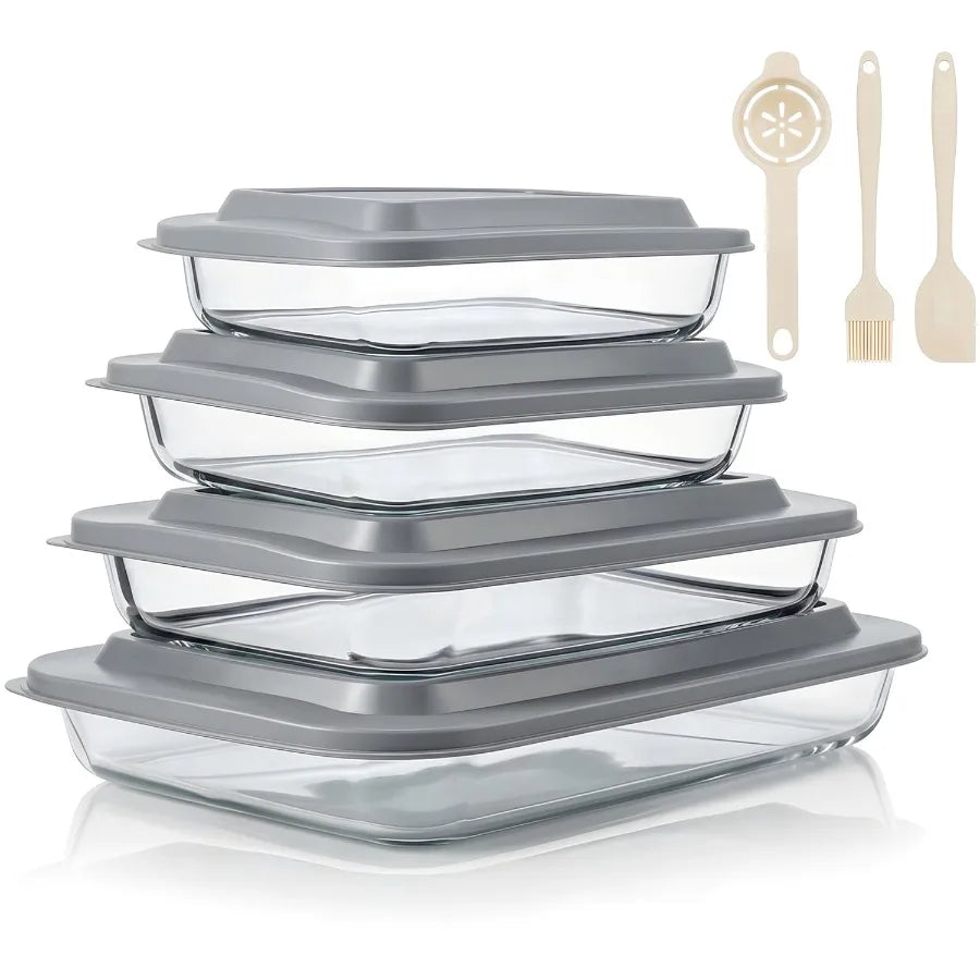 11 Pcs Deep Glass Baking Dish Set with Lids Egg Separator Brush Spatula Rectangular Glass Baking Pans Bakeware Set for Lasagna