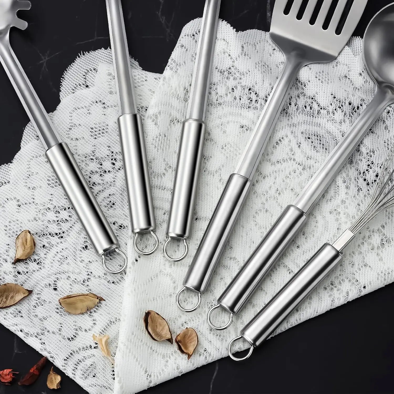 6pcs Kitchen Cooking Utensils Set, Stainless Steel, with Suspendable Handle, Spatula, Slotted Turner, Soup Ladle, Slotted Spoon