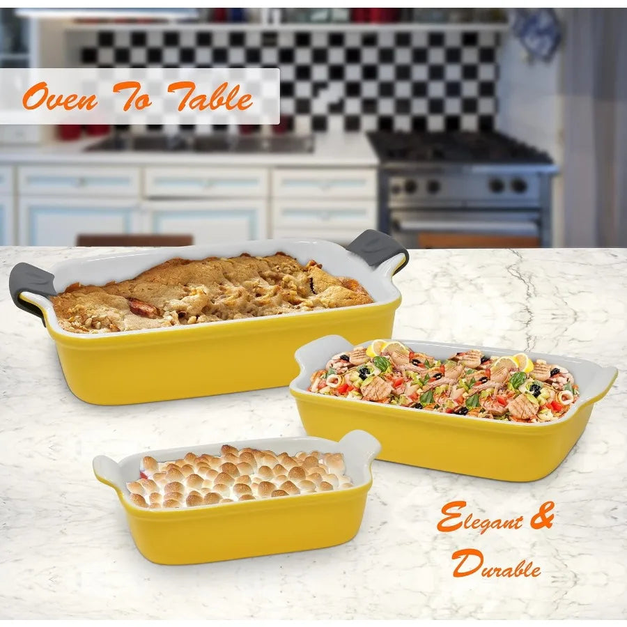 Ceramic Bakeware Set Casserole Baking Dish Ceramic 3 Piece Rectangular Yellow