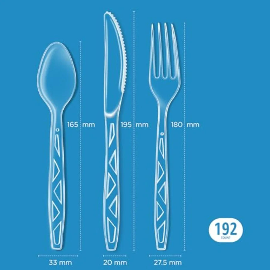 Disposable Clear Plastic Cutlery Set, Premium Quality, Strong, 192 Count, Large Combo Pack Forks, Spoons and Knives