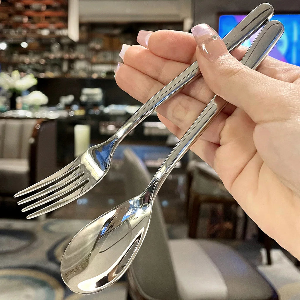 2Pcs 304 Stainless Steel Thickened Dessert Spoon Fork – Light Luxury French Long Handle Hotel Coffee Fruit Spoon Set