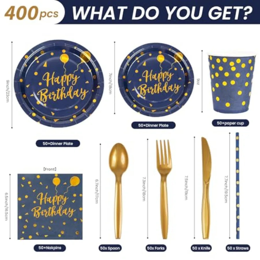 400PCS Deep Blue and Gold Disposable Dinnerware Set for Graduation and Birthday Parties: Includes Paper Plates Napkins Cups Str