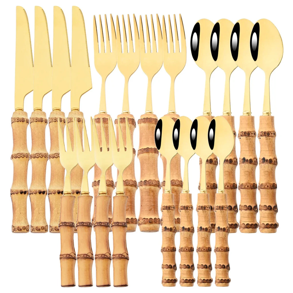 20Pcs Mirror Stainless Steel Cutlery Set Wood Bamboo Root Handle Dinnerware Knife Spoon Cake Fork Tableware Kitchen Silverware