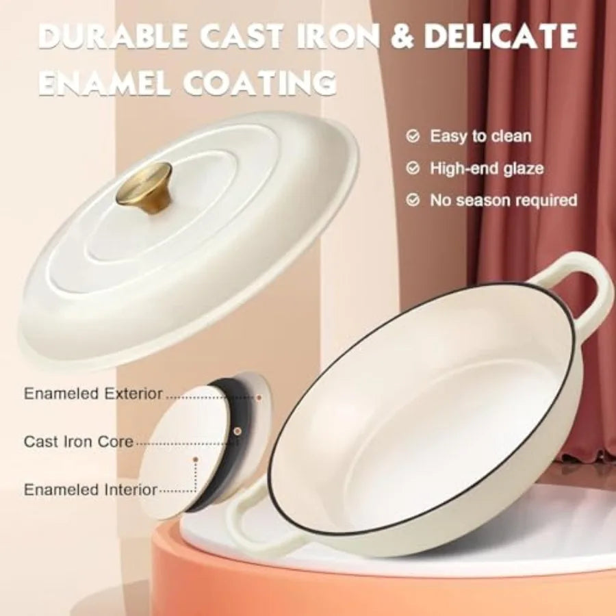 Enameled Cast Iron Dutch Oven - 3.8 Quart Dutch Oven Pot with Lid - Shallow Cookware Braising Pan - Cast iron Casserole with Co
