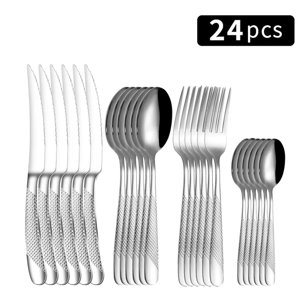 24pc star diamond cutlery set, stainless steel knife fork spoon tea spoon cutlery set, suitable for holiday parties.