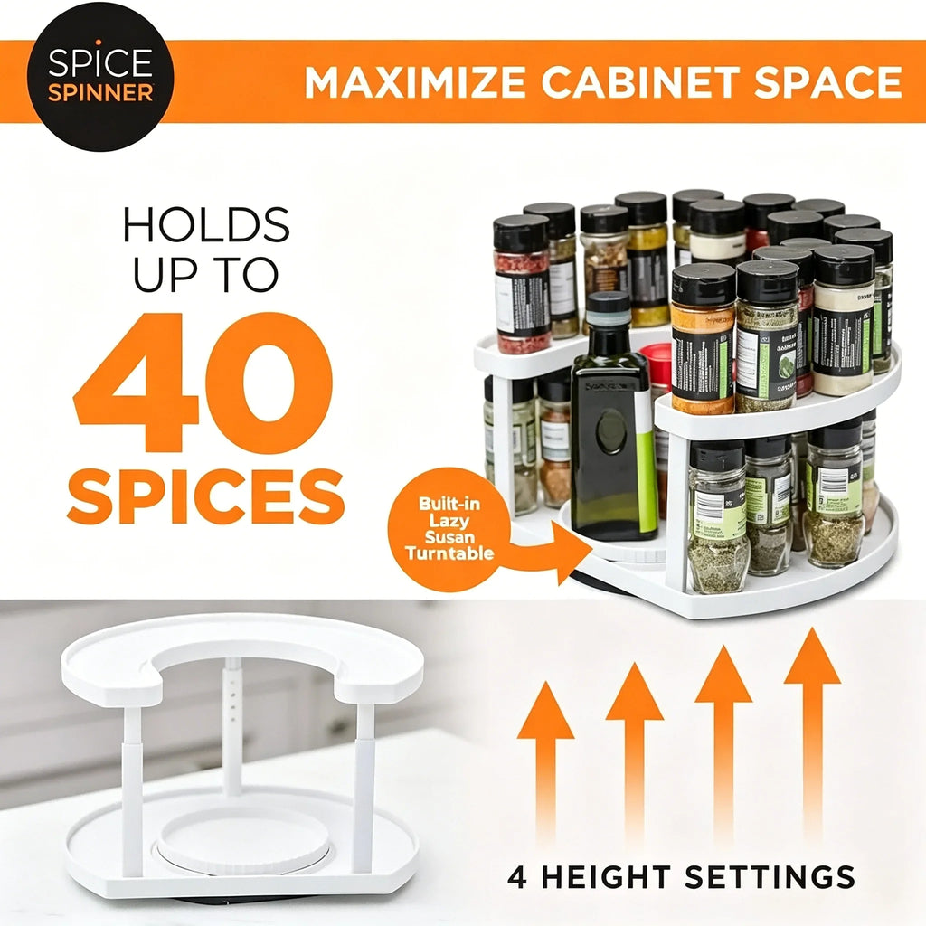 Kitchen Spice Rack White 2-Tier 360° Rotating Adjustable Height Lazy Susan Cabinet Organizer