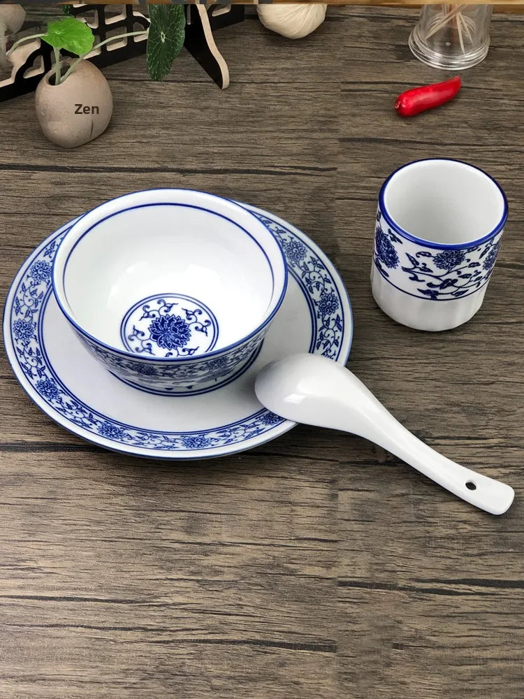 Chinese Sle Cerc Blue And White Dinnerware Set Thiened Bone Bowl Plate Tea Cup Spoon Four-Piece Table Setting