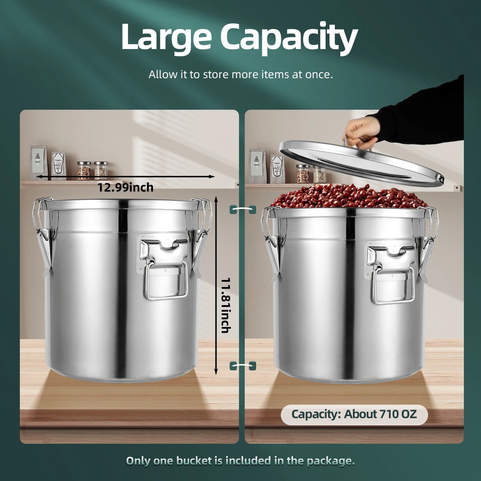 Airtight Food Storage Container 33L Large Capacity, 304 Stainless Steel Bucket with Locking Lid for Rice, Flour, Cereals