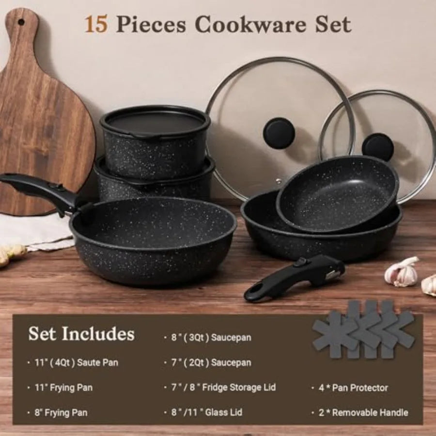 15Pcs Pots and Pans Set Non Stick Cookware Sets with Detachable Handle Nonstick RV Kitchen Cooking Tools Removable Handles Oven