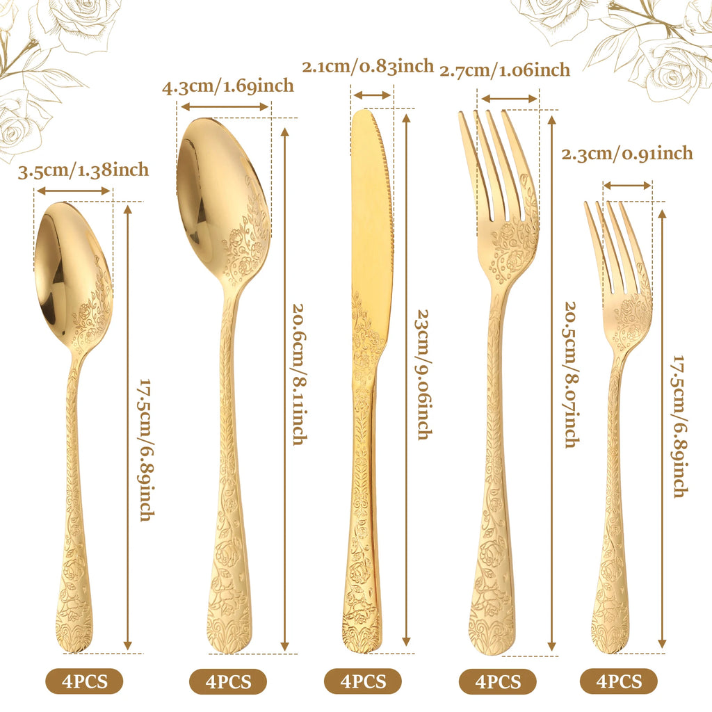 20pcs Silverware Set Floral Carved Stainless Steel Flatware Mirror Polished Cutlery Including Fork Spoon Knife Dishwasher Safe