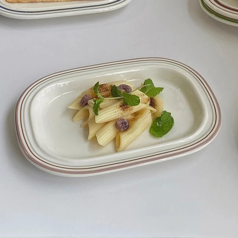 Korean Style Linear Ceramics Dim Sum Dish Pasta Plate Afternoon Tea Art Tableware Table Decoration Kitchen Supplies