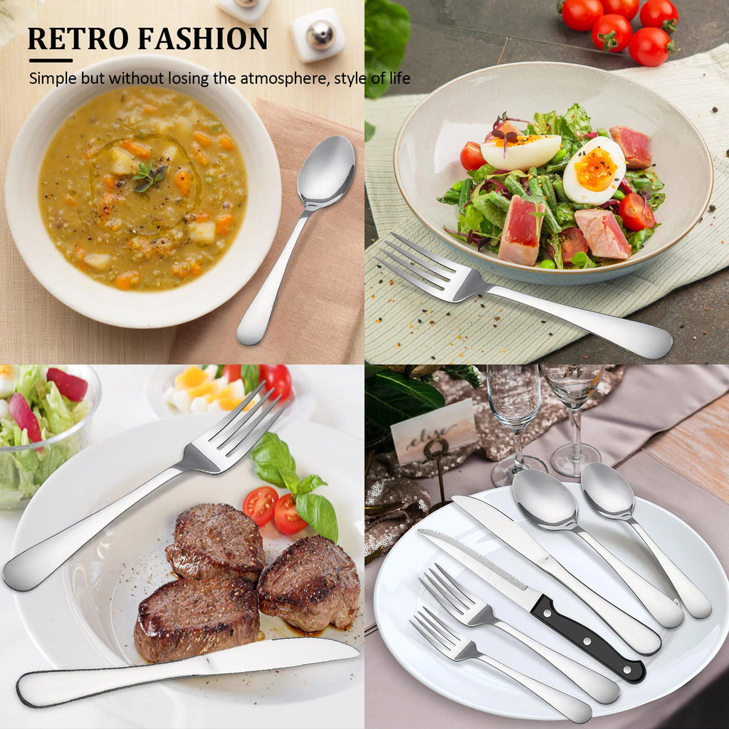 KOOMADE 48PCS Flatware Set Steak Knives Kitchen Utensils and Cutlery of High Quality Construction with Practical Metal  Handles