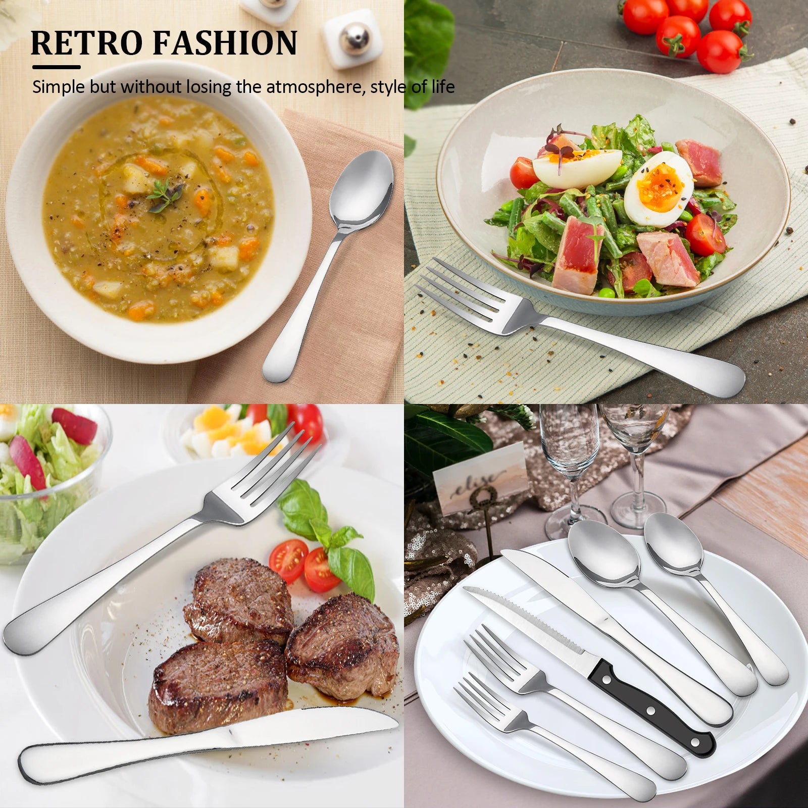 KOOMADE 48PCS Flatware Set Steak Knives Kitchen Utensils and Cutlery of High Quality Construction with Practical Metal  Handles
