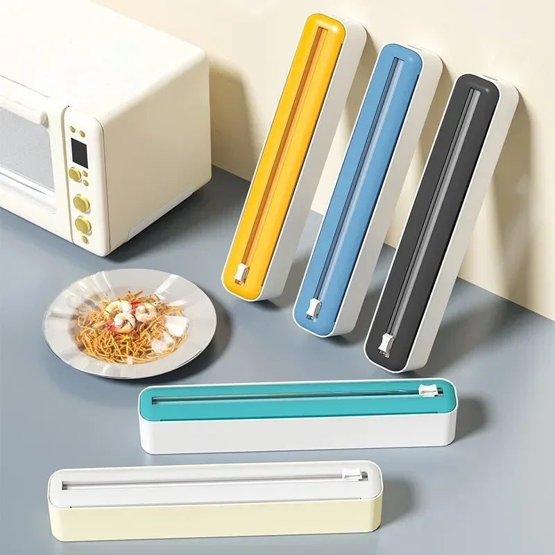 2 in 1 Food Film Dispenser Wrap Dispenser with Cutter Storage Box Aluminum Foil Stretch Film Cutter Wall Shelf Kitchen Organizer
