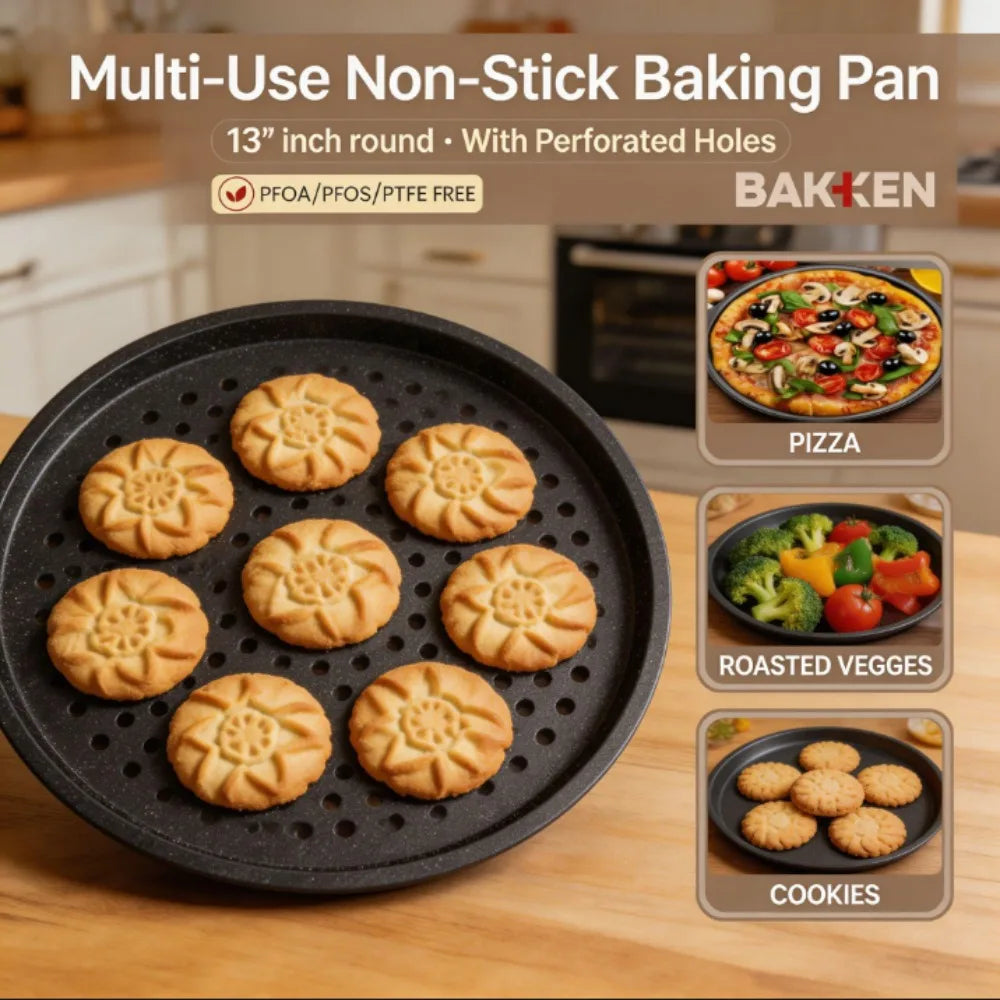 13" Pizza Baking Pan with Holes, Non-Stick Carbon Steel, Multi-Use for Pizza, Cookies, Roasted Veggies, Kitchen Bakeware