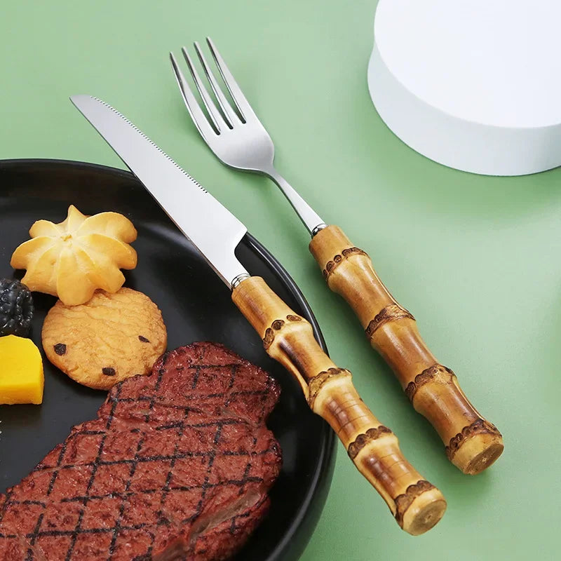 20/30pcs Bamboo Tableware Set Stainless Steel Nature Handle Retro Dinnerware Cutlery Steak Knives Table Fork Spoon Dessert Gift