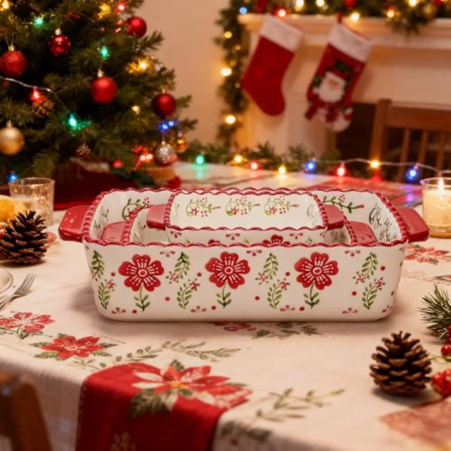 3 Pack Ceramic Baking Dishes Rectangular Bakeware Set Hand-painted Lasagna Pan Porcelain Serving Bakeware for Pasta Chicken Kit