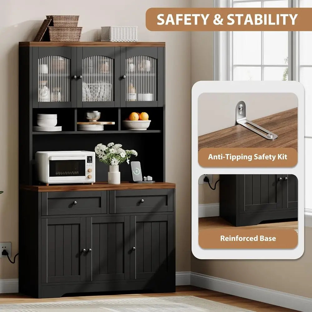 70.8 Tall Kitchen Pantry Cabinet with Charging Station and Thickened Countertop in Black for Dining Area