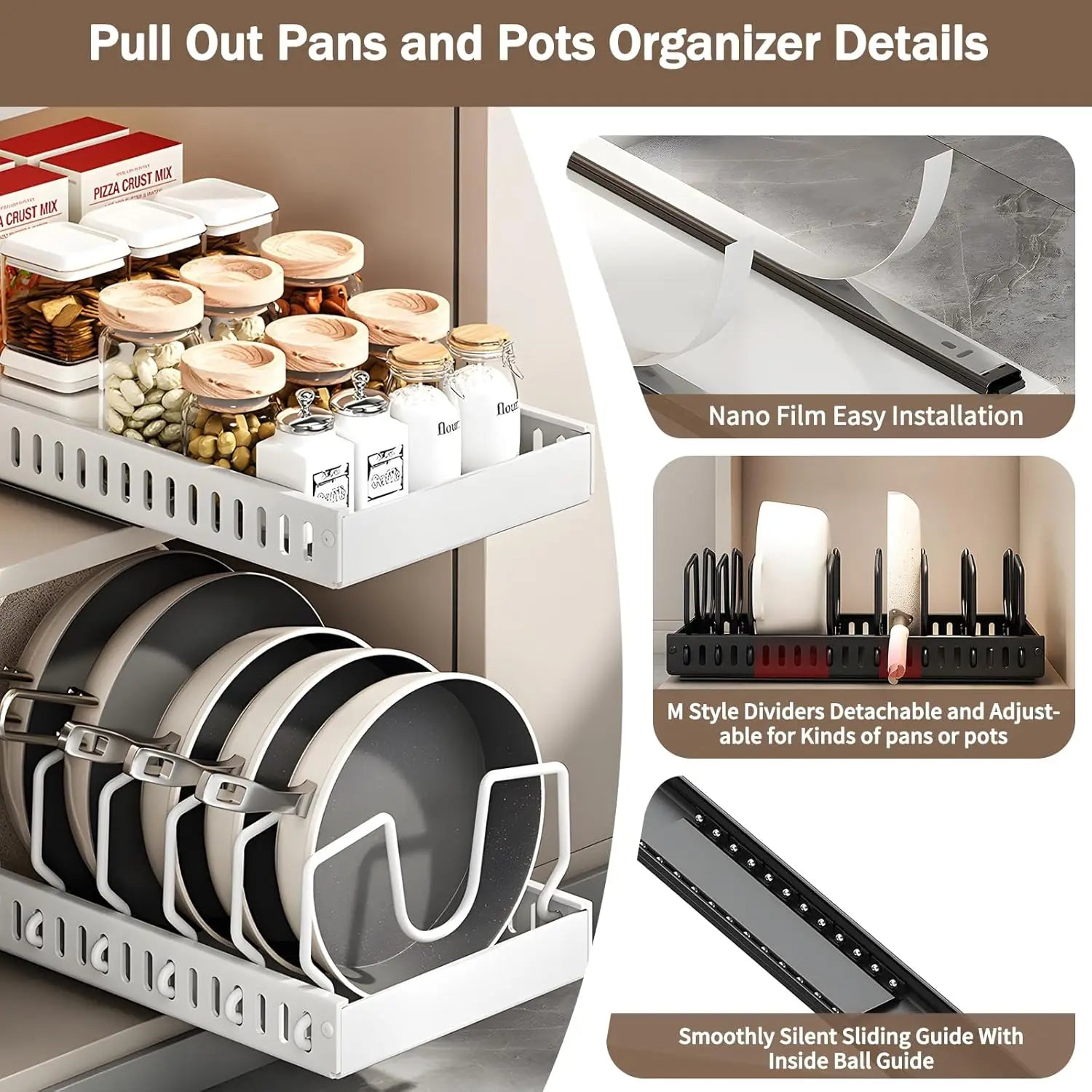 Pull Out Pots Pans Organizer for Under Cabinet Pull Out Cabinet Organizer Storage Pot Lid Organizer holder Adjustable Dividers