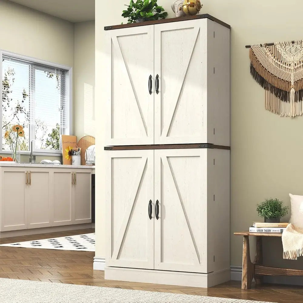 armhouse Kitchen Pantry Cabinet, 71" Tall Storage Cabinet with Adjustable Shelves & 4 Barn Do& Der, Rustic Wood Cupboard or Kitc