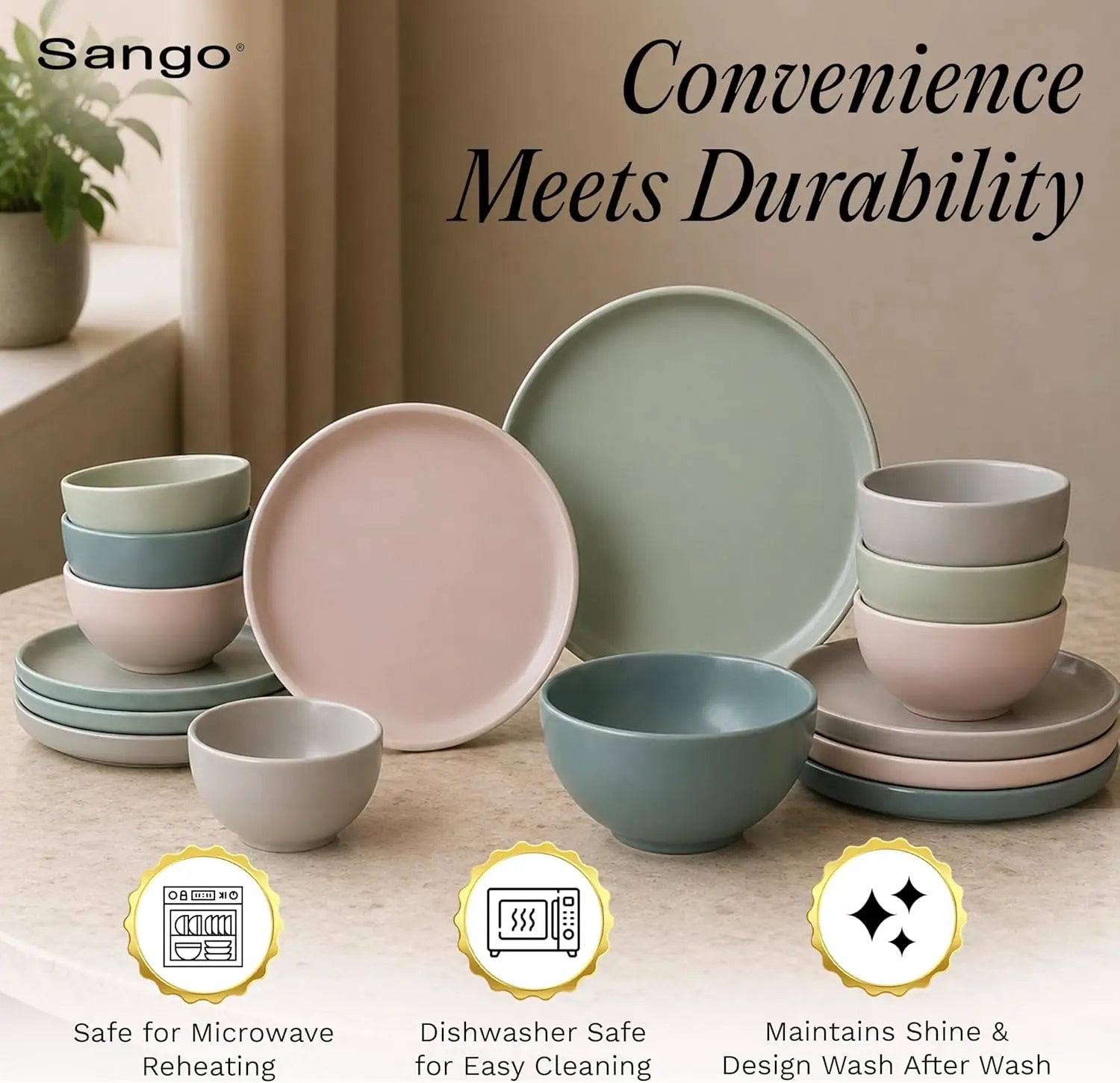 16-Piece Stoneware Dinnerware Set for 4, Satin Glazed Plates and Bowls Sets with Matte Finish, Ceramic Dish Set, Durable