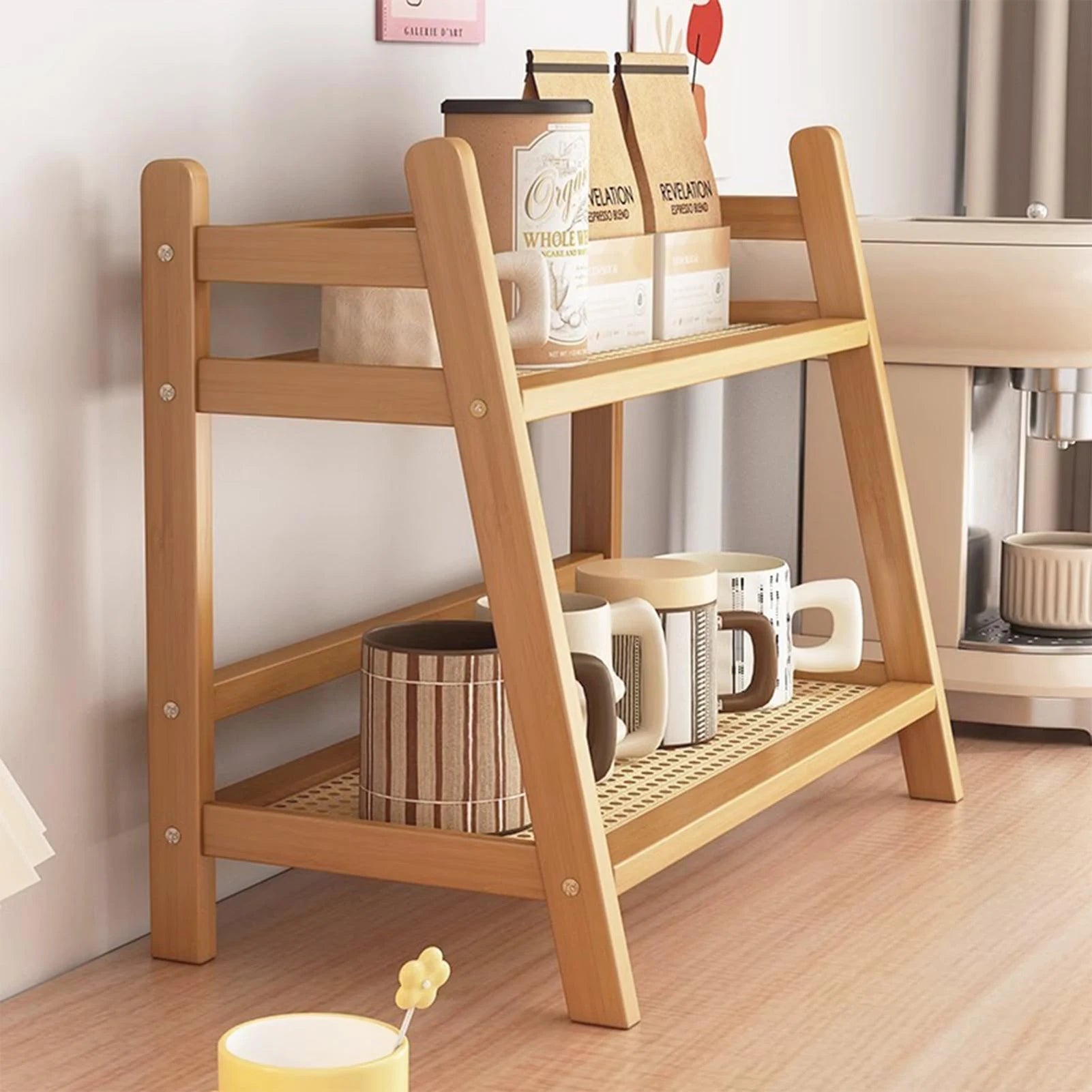 40cm Double Layer Desktop Organizer Shelf for Office Kitchen Cup Holder Storage Holders Rack 2 Tiers Space Saving Wooden Shelfs
