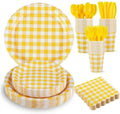 175 Pc Yellow Gingham Party Set: Plates, Napkins, Cups & Cutlery for Easter, Picnic, Baby Shower