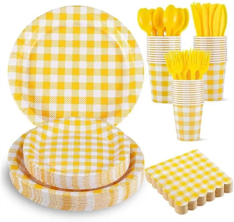 175 Pc Yellow Gingham Party Set: Plates, Napkins, Cups & Cutlery for Easter, Picnic, Baby Shower