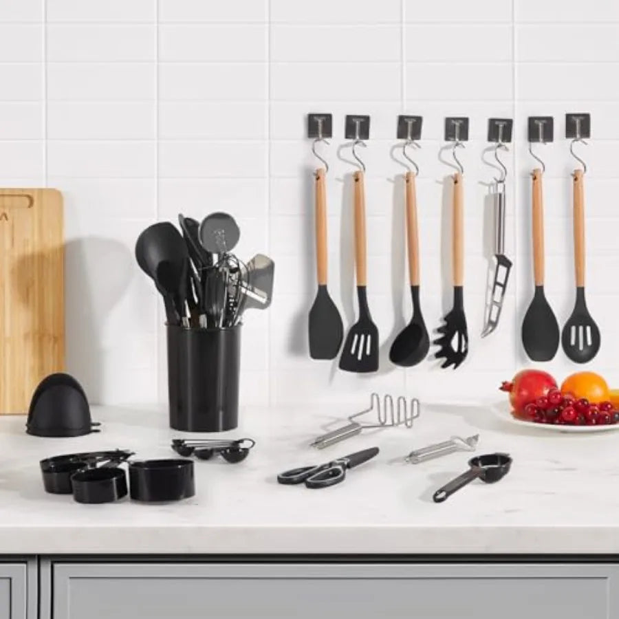 Kitchen Cooking Utensils Set 50 PCS Silicone Spatula Set with Holder 428°F Heat Resistant Gadget Spoons Tools Wooden Handle Hom