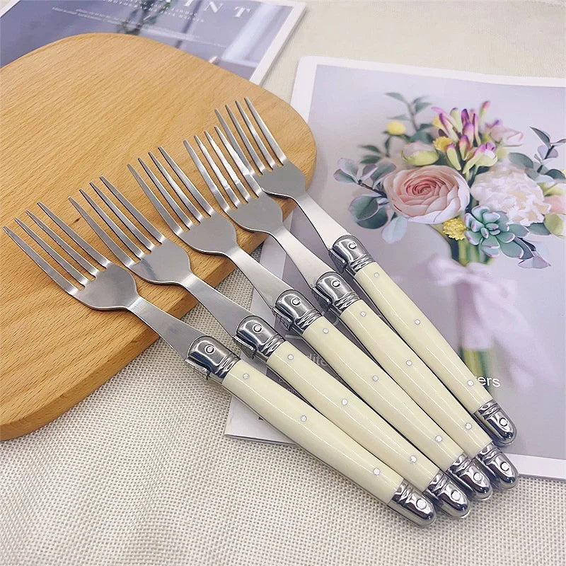 4/6/24pcs Laguiole Ivory White Silverware Stainless Steel Steak Knives Table Forks Dinner Spoons Dessert Teaspoon Xmas Cutlery