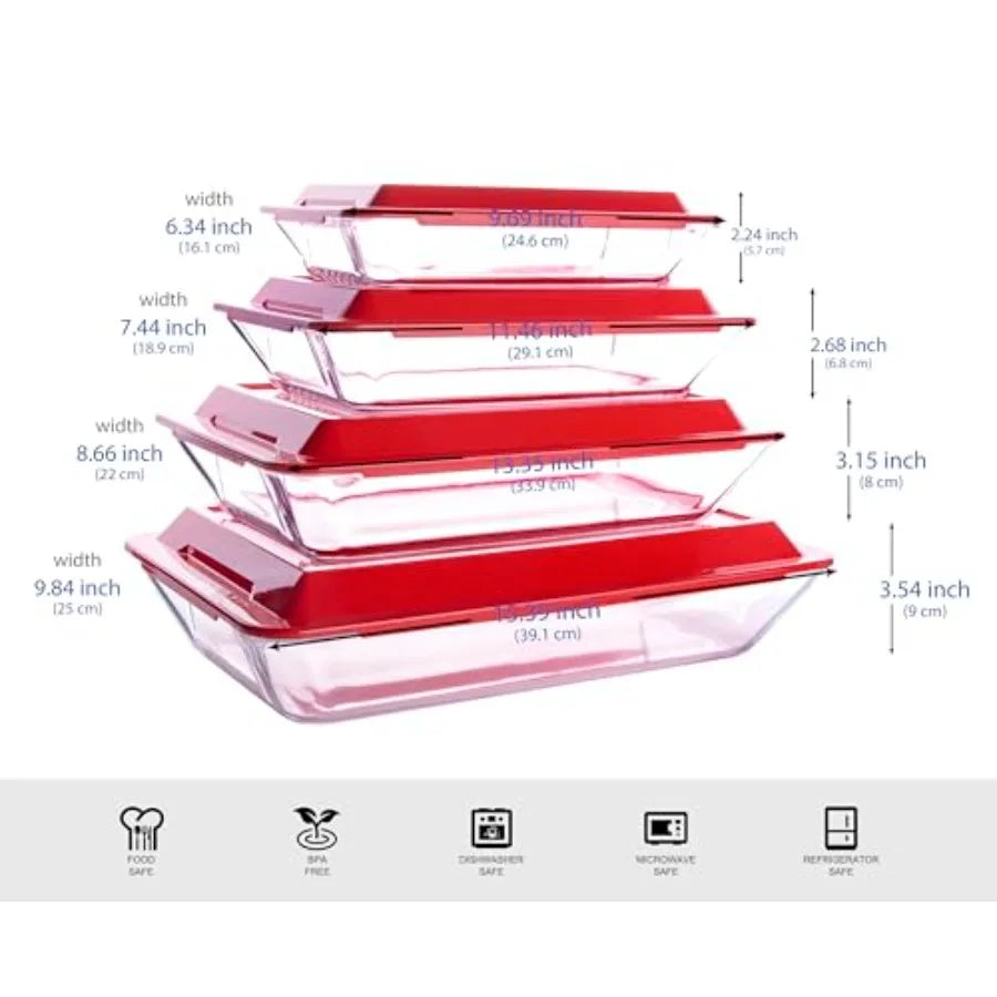 Set of 8 PCS Nesting Tempered Glass Bakeware Set, 4x Glass Baking Dishes and 4x BPA Free Lids. Oven, Refrigerator and Dishwashe