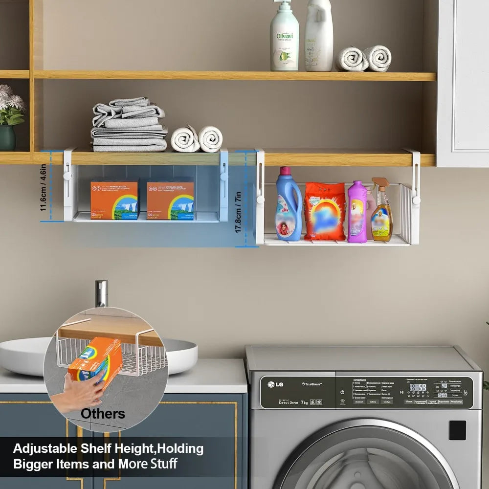 2Pack Under Shelf Basket Organizer,Adjustable Hanging Holder Storage for Cabinet Pantry Kitchen Cupboard Desk Counter Bookshelf
