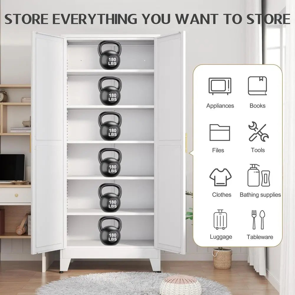 75.2" Tall Metal Kitchen Pantry Storage Cabiwith 2 Door and 5 Adjustable Shelves, Cupboard or Kitchen, Dining Room, Living Room