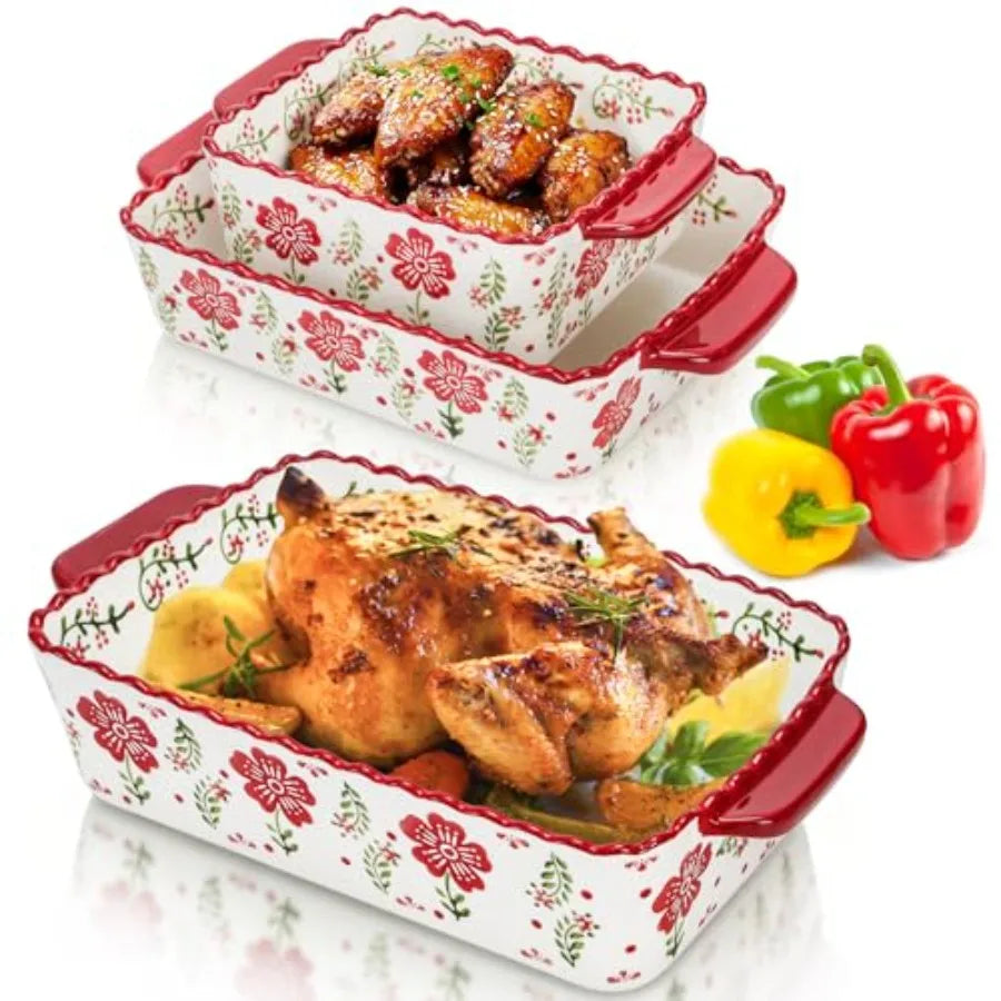 3 Pack Ceramic Baking Dishes Rectangular Bakeware Set Hand-painted Lasagna Pan Porcelain Serving Bakeware for Pasta Chicken Kit