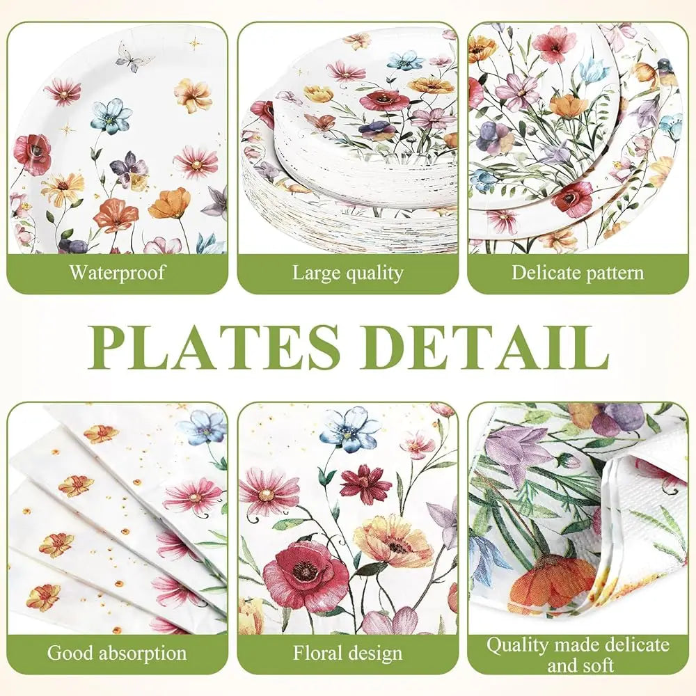 202 Pcs Wildflower Party Decoration Supplies Floral Paper Plates Napkins Cups Butterfly Wildflower Tablecloth For Autumn Summer