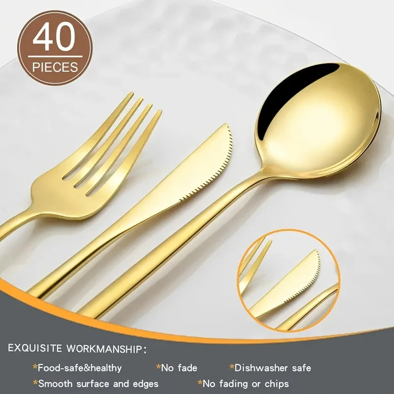 40 Pieces Stainless Steel Cutlery - Mirror Polished, Dishwasher Safe, Suitable For Parties, Weddings,  Knives, Forks, Spoons