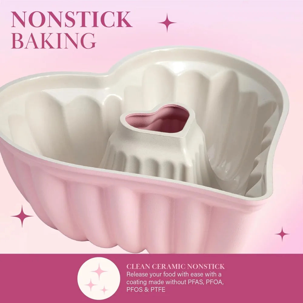9-Inch Heart Shaped Fluted Cake Pan, Cast Aluminum Nonstick Bakeware, Dishwasher Safe, PFAS-Free, Pink