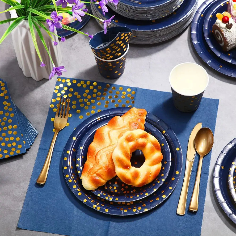 560 Pcs Navy Blue and Gold Party Supplies for 80 Guests Disposable Dinnerware Set Navy Paper Plates Napkins Cups Forks Knives S