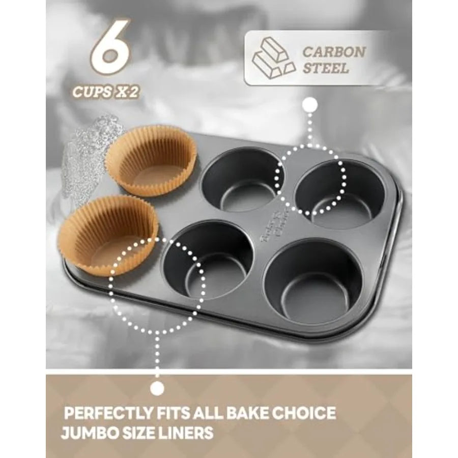 2 Pack Jumbo Muffin Pan for Baking, Extra Large Cupcake Pan includes 50 Natural Jumbo Cupcake Liners, Muffin Tin Nonstick 6 Cup
