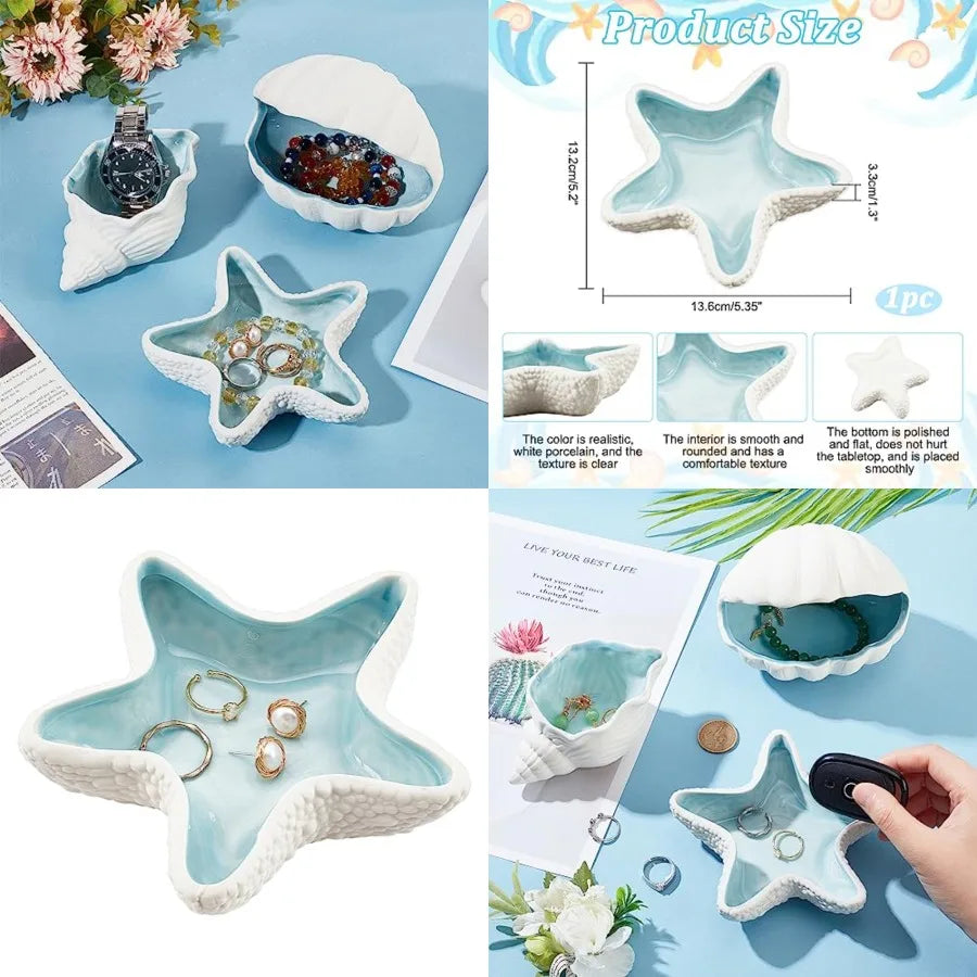 Starfish Shape Ceramic Jewelry Tray, Aqua Shell Trinket Dish Ceramic Ring Earring Holder Ocean-themed Decorative Trinket Plate