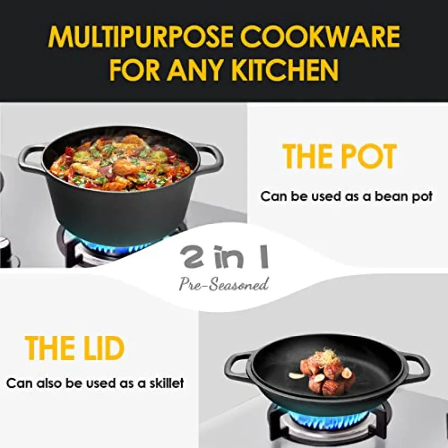 2-in-1 Pre-Seasoned Cast Iron Dutch Oven Pot with Skillet Lid Cooking Pan, Cast Iron Skillet Cookware Pan Set with Dual Handles