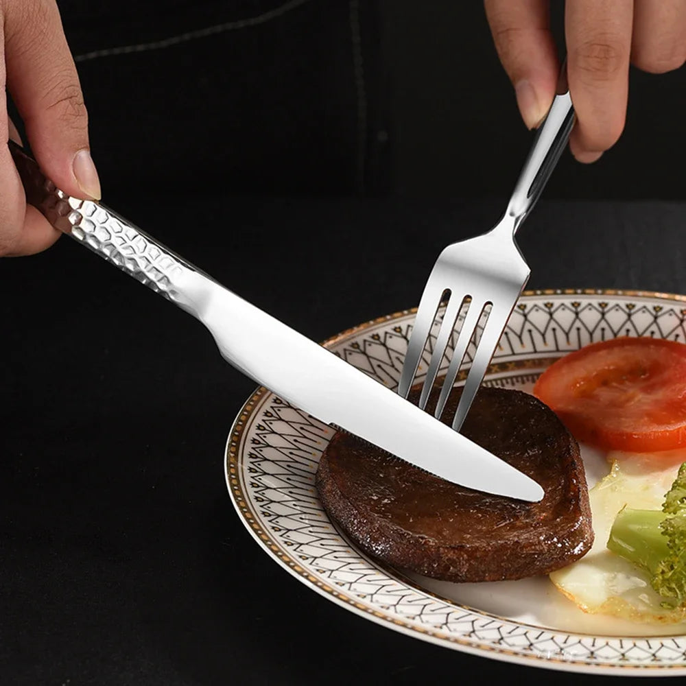 Luxury 5pcs Stainless Steel Cutlery Set Hammered Steak Knife Fork Spoon Western Dining Tableware for Restaurant Kitchen Bar