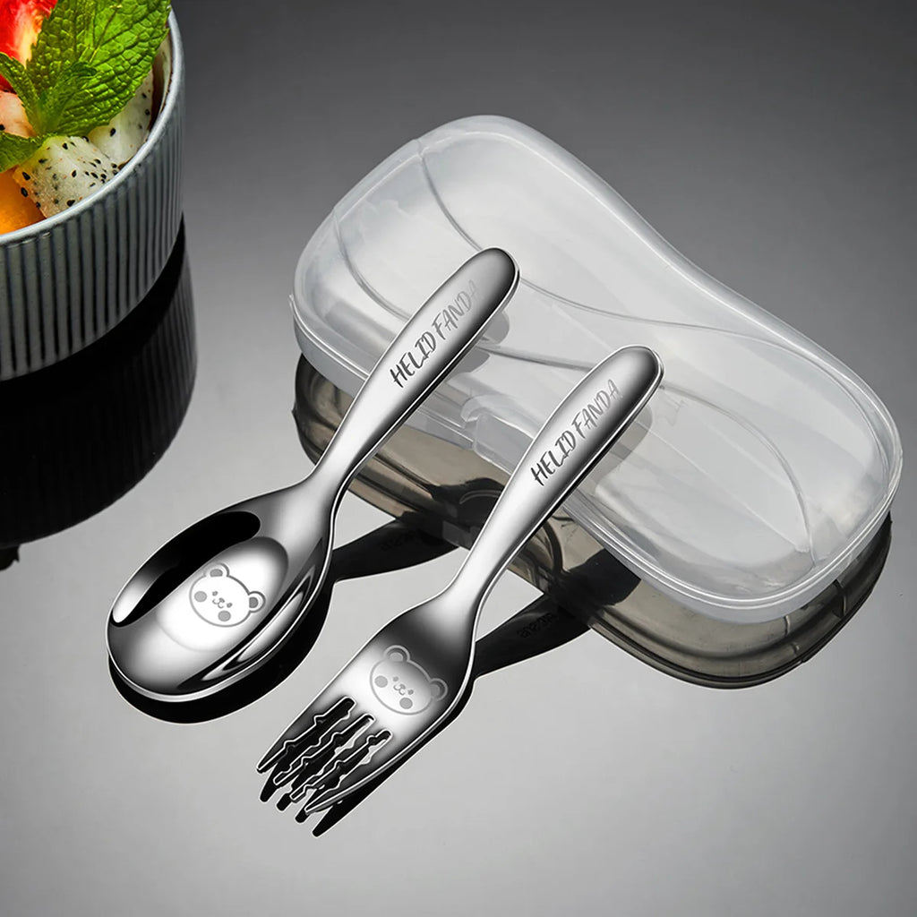 WORTHBUY 316 Stainless Steel Dinnerware Sets With Plastic Storage Box Portable Children Fork Spoon Kitchen Cute Mini Kid Cutlery