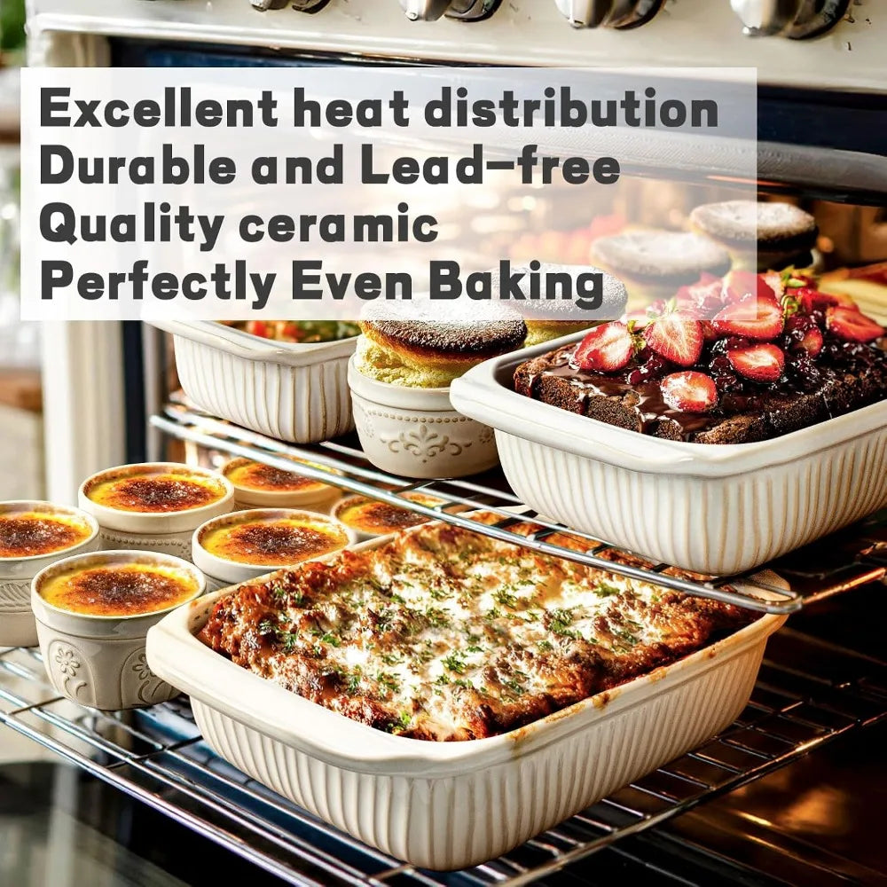 3-Piece Ceramic Baking Dish Set with Lids, Oven-Safe Casserole Dishes, Large Lasagna Pan with Handles, Deep Rectangular Bakeware, White, 5.1Qt/2.3Qt/1.1Qt