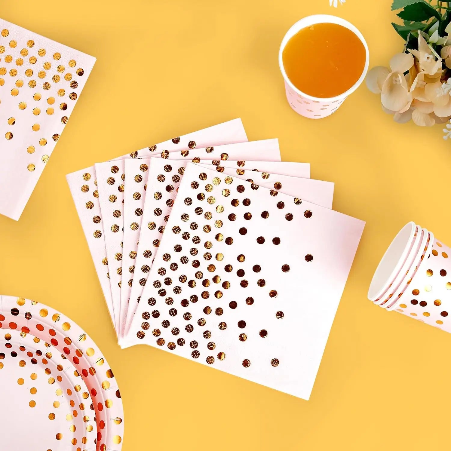 Pink and Gold Party Supplies - 350 PCS Disposable Dinnerware Set - Pink Paper Plates Napkins Cups, Gold Plastic Forks Knives