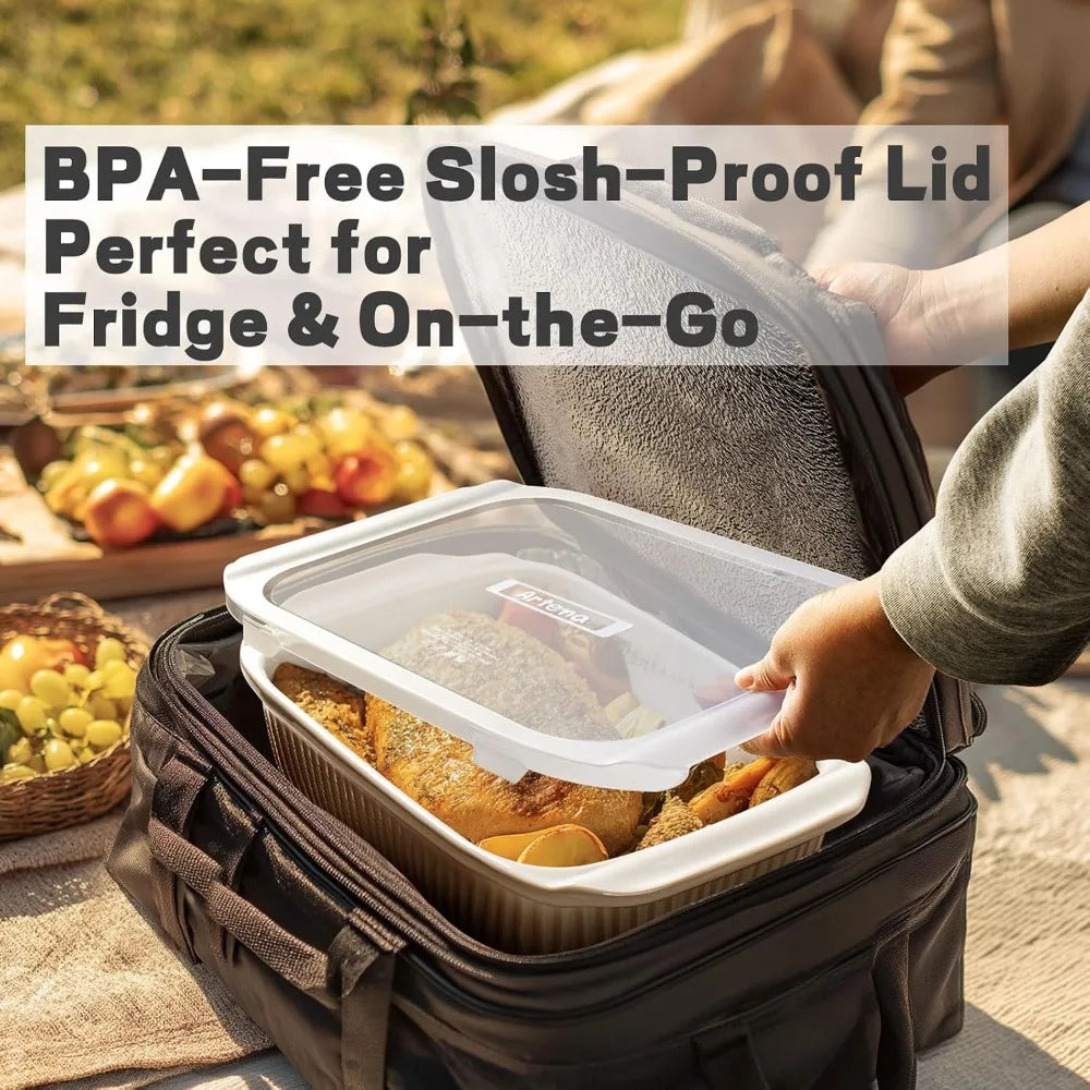 3-Piece Ceramic Baking Dish Set with Lids, Oven-Safe Casserole Dishes, Large Lasagna Pan with Handles, Deep Rectangular Bakeware, White, 5.1Qt/2.3Qt/1.1Qt