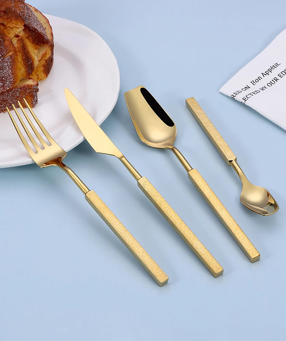 4/6/12/16/24Pcs Sliver Tableware Stainless Steel 304 Cutlery Set Western Cube Handle Dinner Set Mirror Gold Knife Fork Spoon