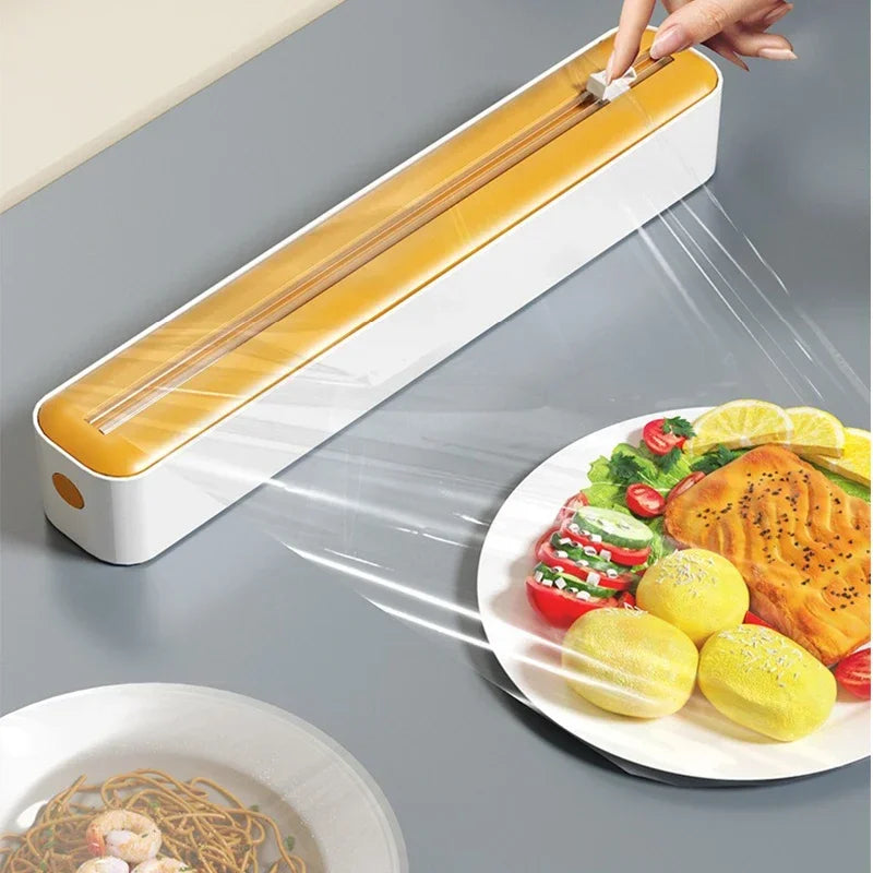 2 in 1 Food Film Dispenser Wrap Dispenser with Cutter Storage Box Aluminum Foil Stretch Film Cutter Wall Shelf Kitchen Organizer