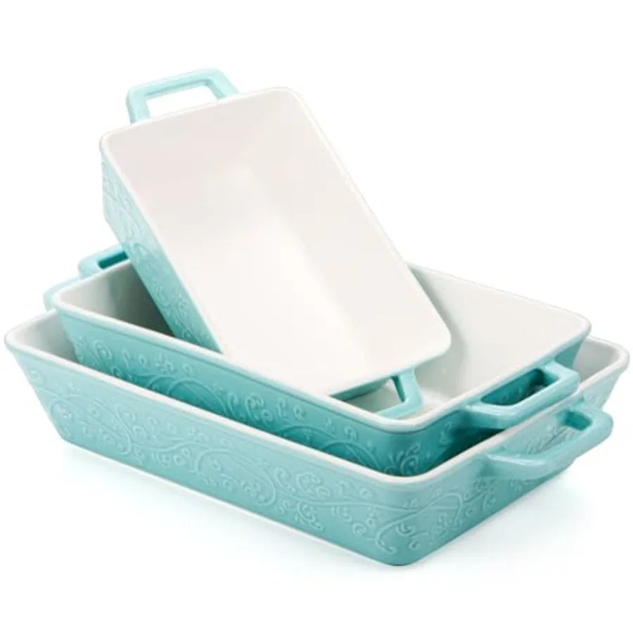 Set of 3 Casserole Dishes for Oven, Ceramic Baking Dishes with Handles, Rectangular Lasagna Pan Bakeware Set for Baking Cooking